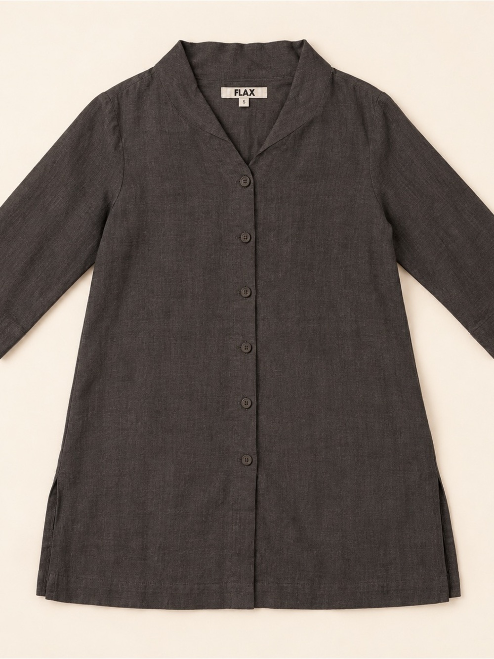 FLAX 100% Linen Long Button Front Jacket Tunic Charcoal Brown